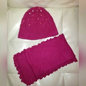 White + Warren hot pink gold sequin trim beanie and matching ruffle trim scarf